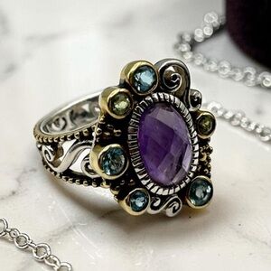Echo of the Dreamer Zoe Amethyst & Topaz Ring Sz 9 ~925 Sterling Silver & Bronze
